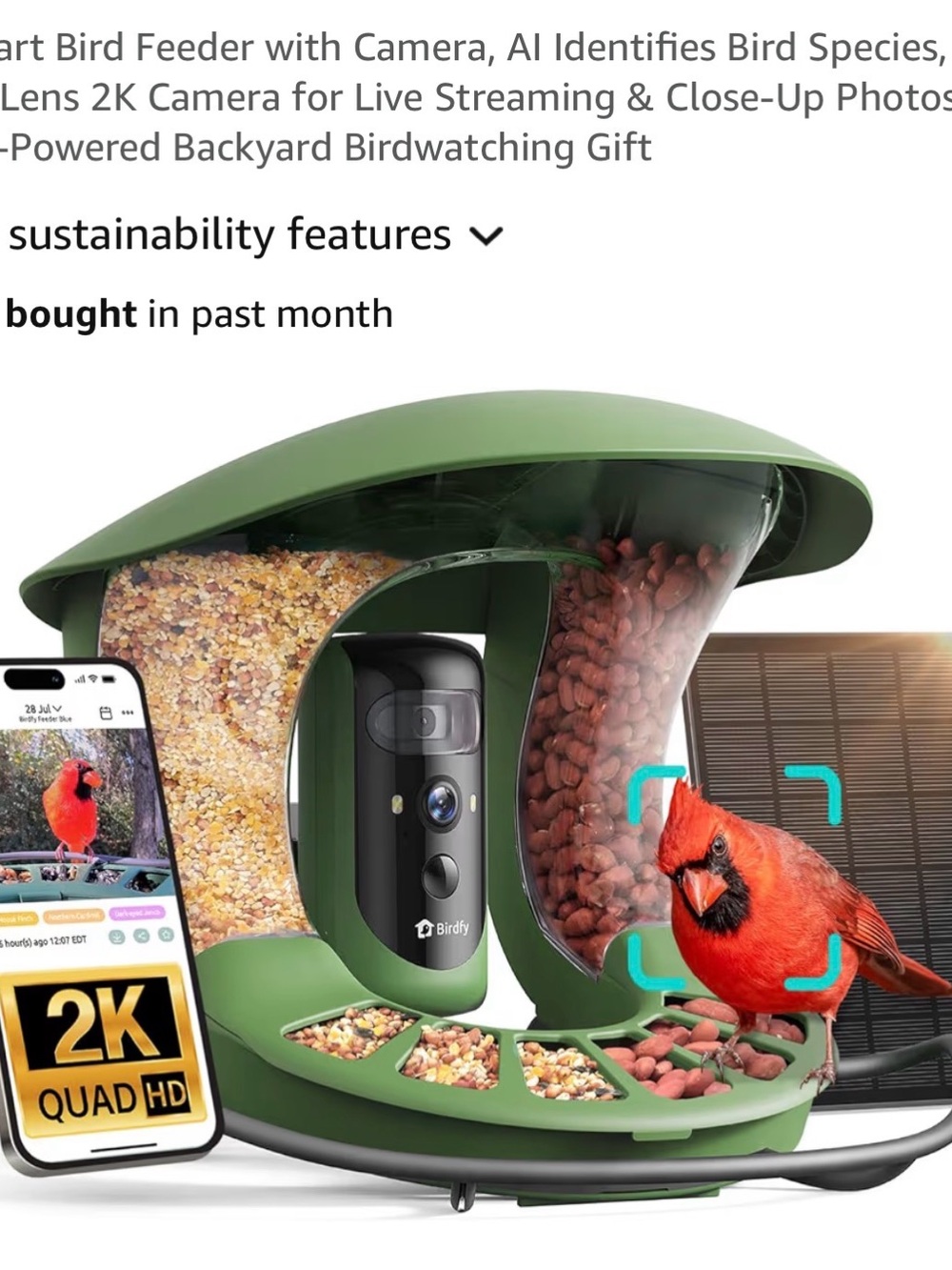 Birdfy Smart 2K Bird Feeder Camera in Olive Green